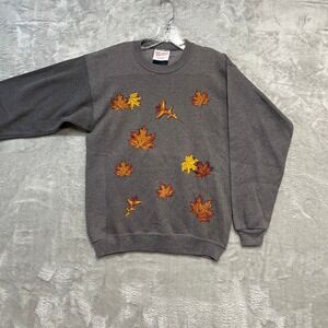 Vintage Hanes Sweatshirt Men S Gray Autumn Leaves Graphic Crewneck Heavyweight